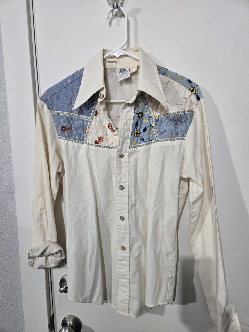 Vintage-Inspired Cream Button-Down Shirt with Blue Patchwork Yoke